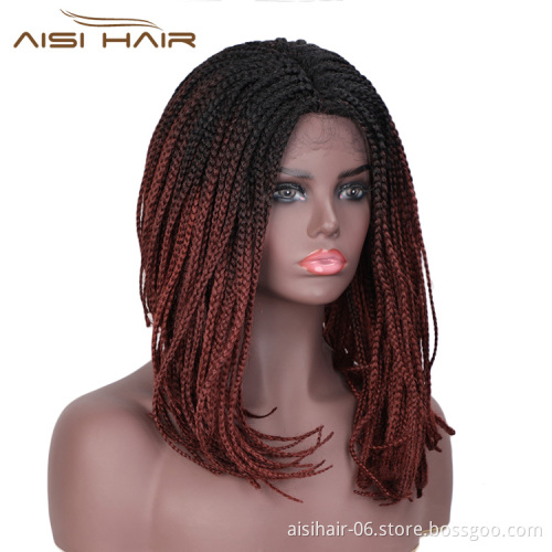 Aisi Hair Vendor Wholesale Ombre Red Afro Twist Box Braided Lace Frontal Wigs Synthetic Hair For Black Women Lace Front Wig